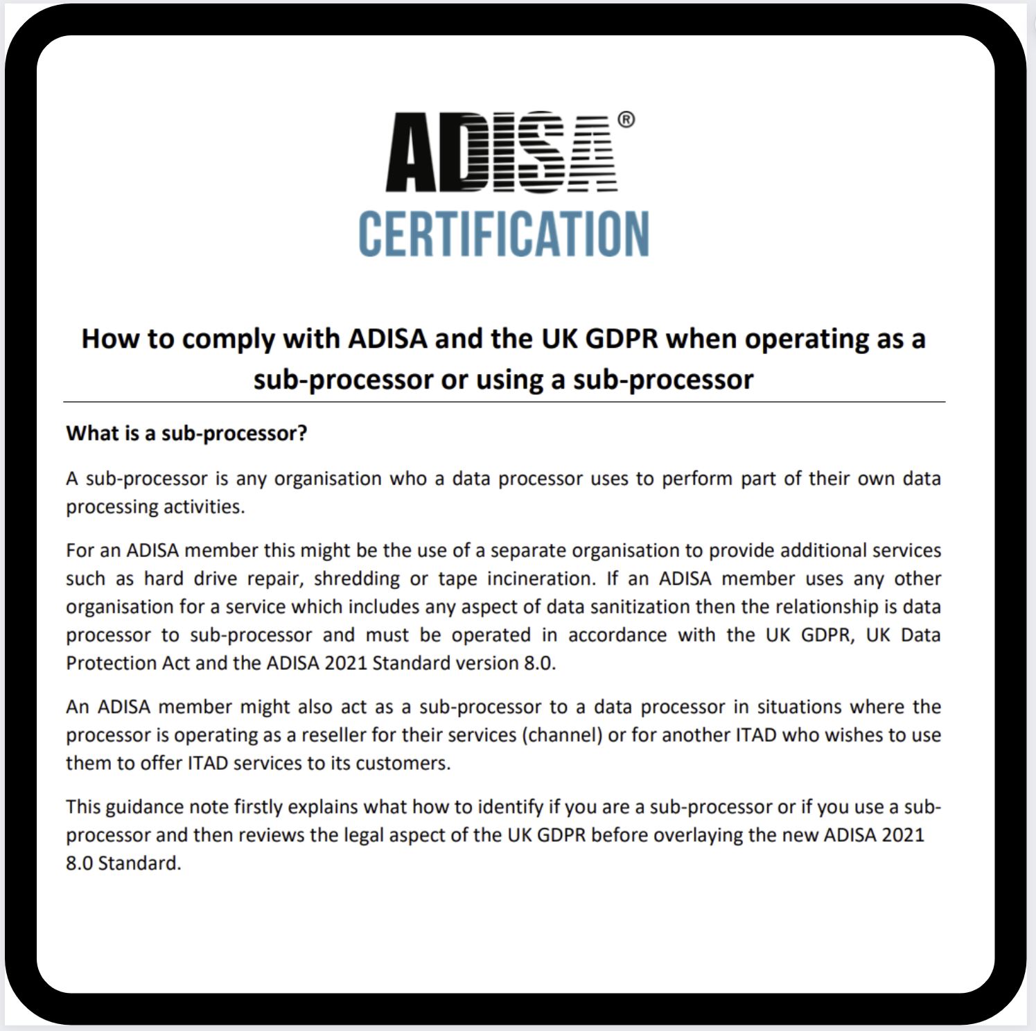 ADISA Guidance Notes – Operating as or Using a Sub Processor.