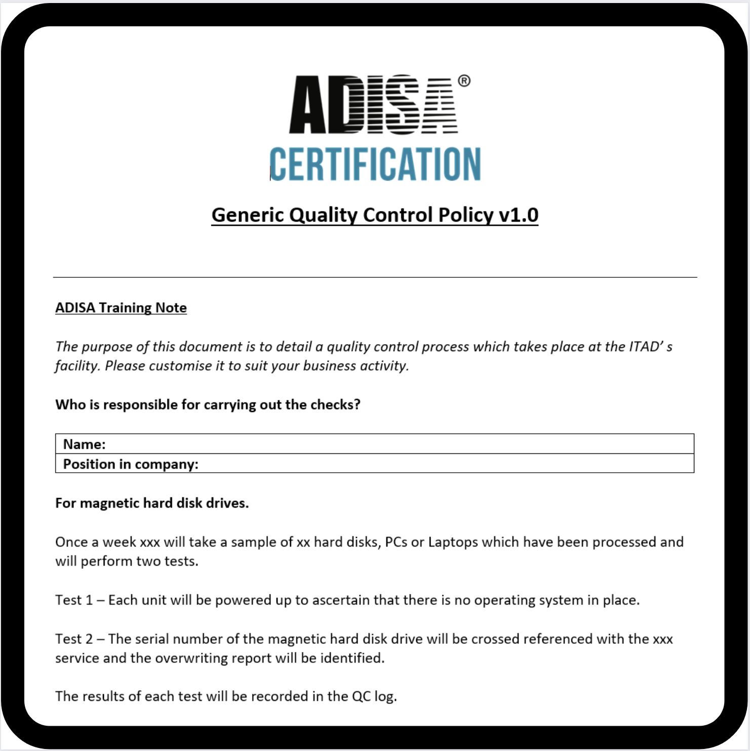 ADISA Generic Quality Control Process Template.