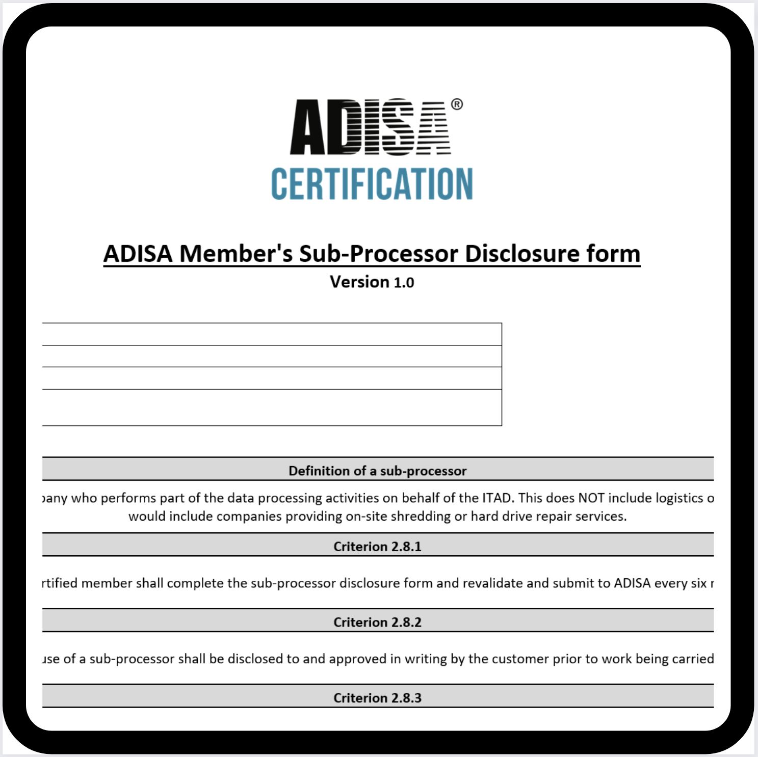 ADISA Members Sub Processor Disclosure Form.