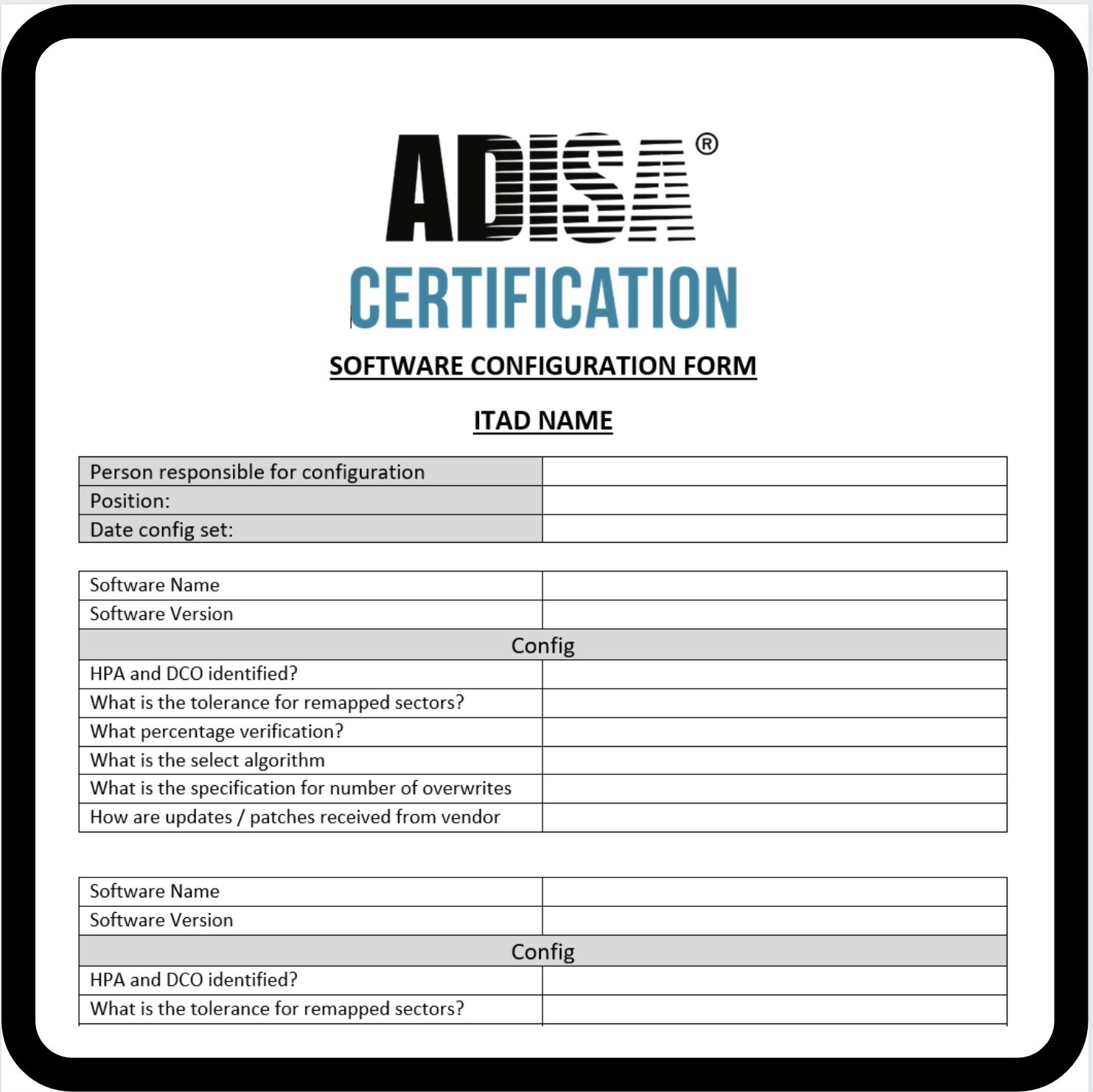 ADISA Software Configuration Form.